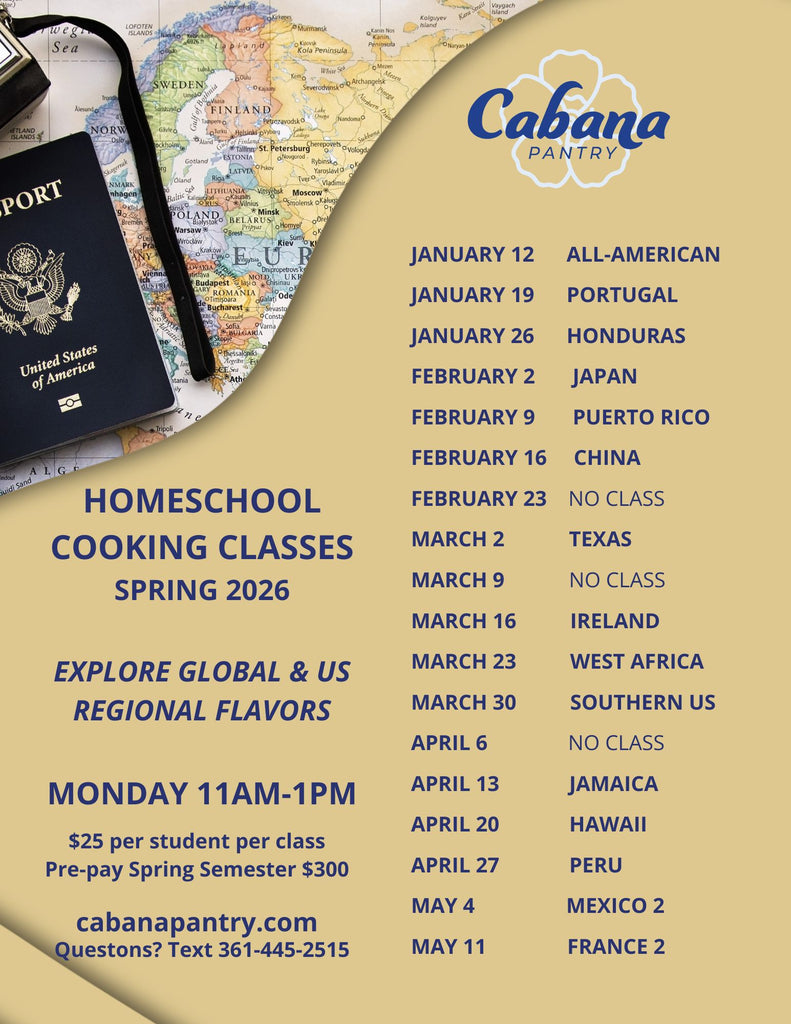 Promotional flyer for Cabana Pantry's homeschool cooking classes with a map and passport illustration.